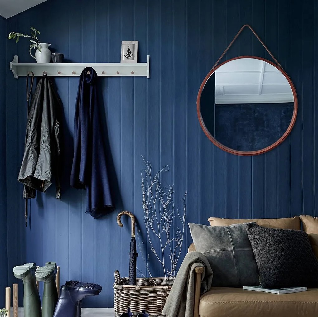 Kulaté zrcadlo WOOD se závěsným páskem 50 cm hnědé