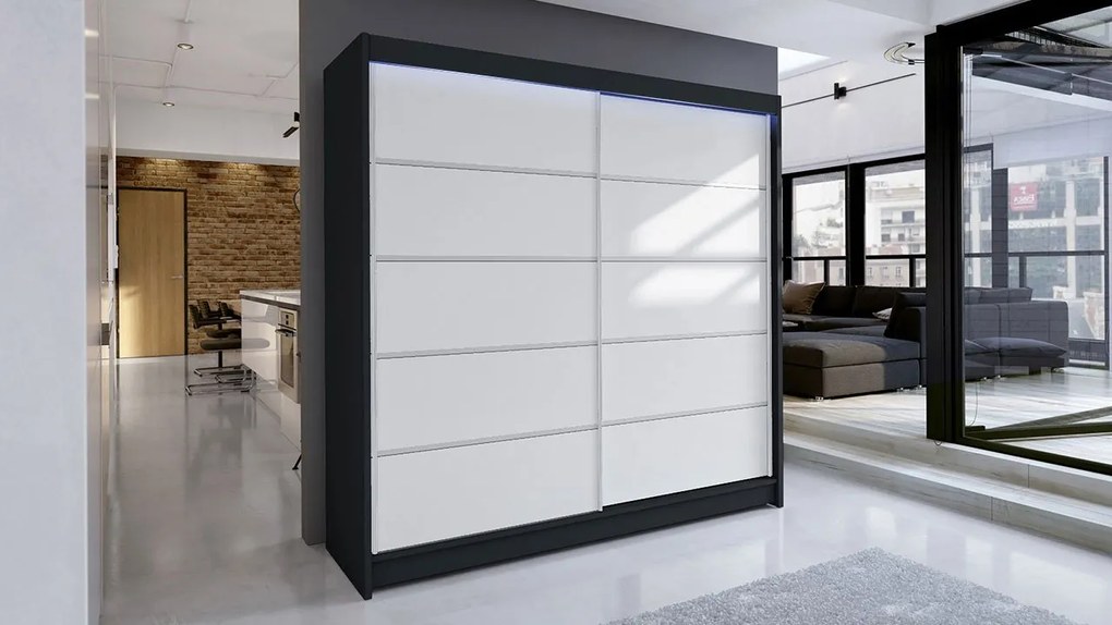 Posuvná skriňa Bar IV, Farby: biely / čierny, Osvetlenie: osvetlenie LED RGB - farebné