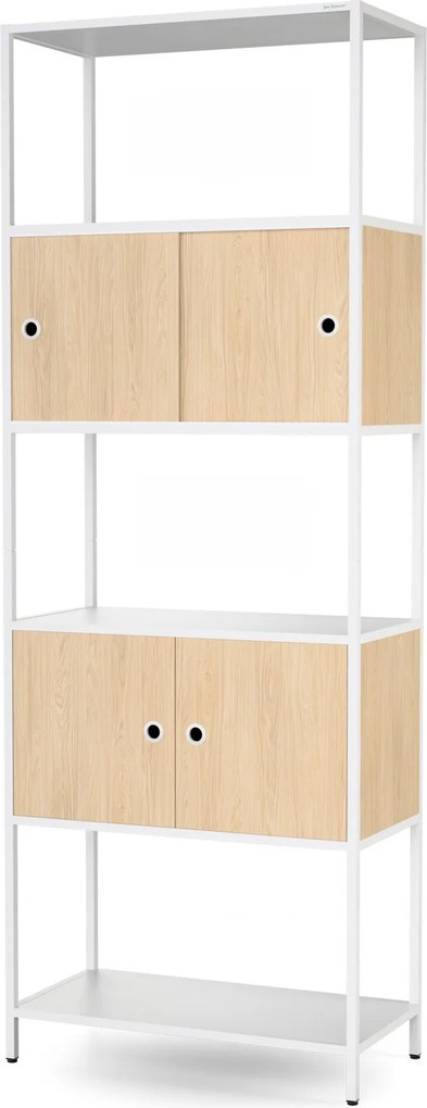 Regál na šanóny s uzamykateľnou skrinkou, kancelársky, otvorené police, kovový biely/dub sonoma, 800x2200x400 mm: ARIEL Eco Design
