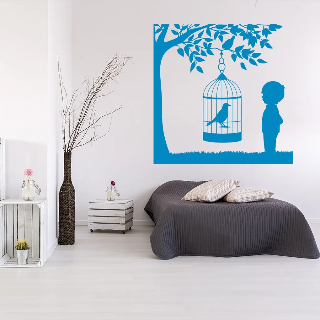 Veselá Stena Samolepka Vtáčik v klietke na strome Farba: modrá, Veľkosť: 100 x 100 cm