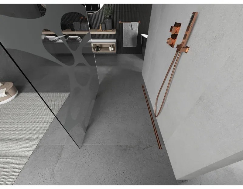 Mexen Kioto, priechodná sprchová zástena 110 x 200 cm, 8mm sklo číre s bielym vzorom, 2x zlatá stabilizačná rozpera, profil ružové zlato, 800-110-002-60-97