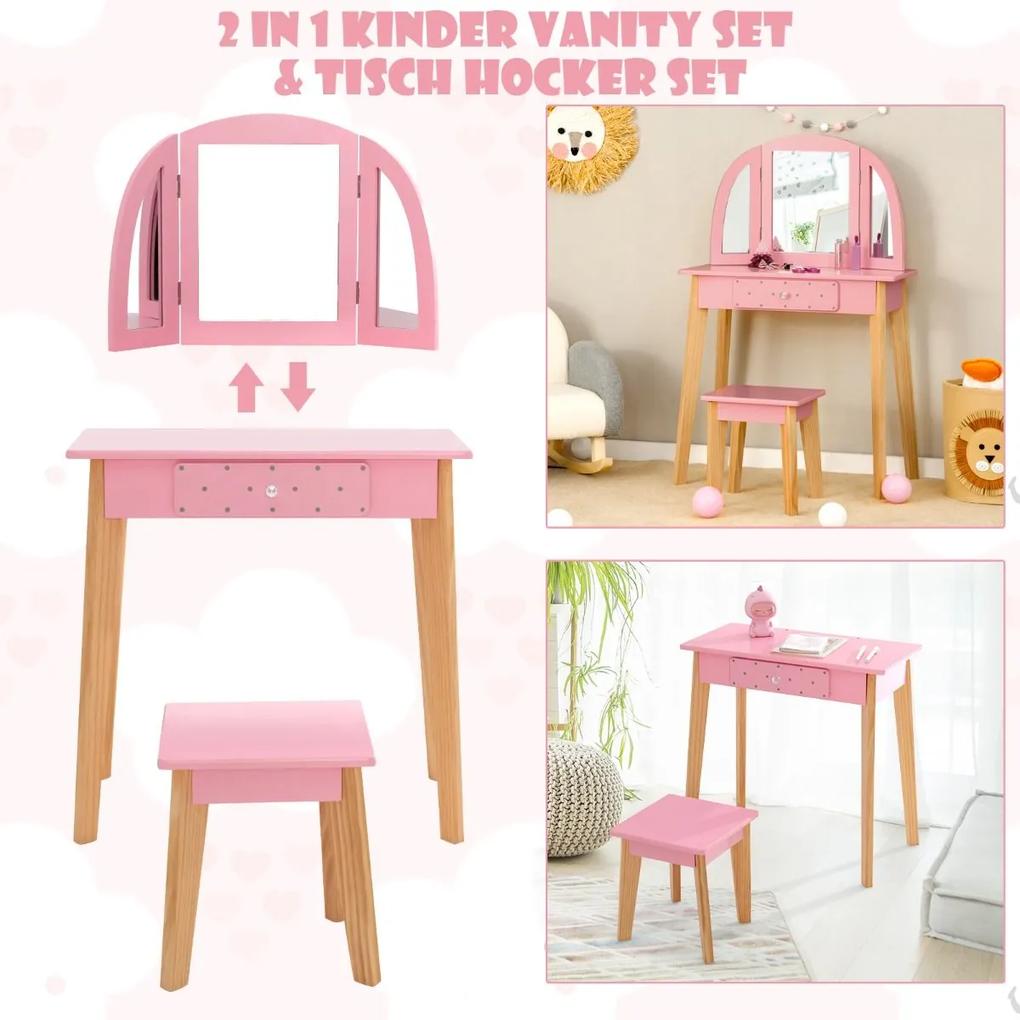 Detský toaletný stolík s taburetkou, ružová / prírodná