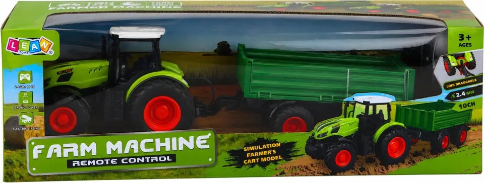 LEAN Toys Poľnohospodársky traktor s vyklápacím prívesom, diaľkovo ovládaný RC, zelený, mierka 1:24