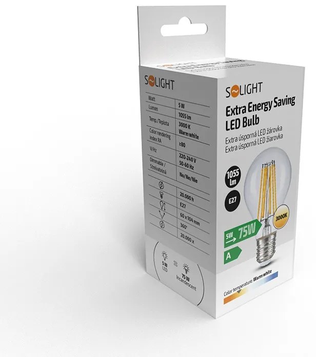 SOLIGHT LED Filament žiarovka číra A60 5W/230V/E27/2700K/1055Lm/360°