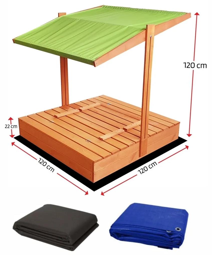 Zatvárateľné pieskovisko s lavičkami a strieškou zelenej farby 120 x 120 cm