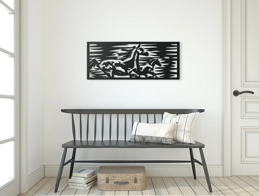 drevko Drevený obraz na stenu Cválajúce kone Rozmer obrazu: 18 x 44,5 cm, Farba dekorácie: Čierna