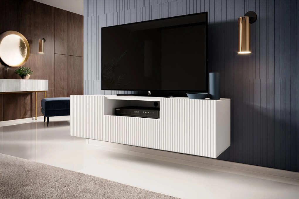 Závesný TV stolík Nicole 150 cm s otvorenou policou - biela / biela mat