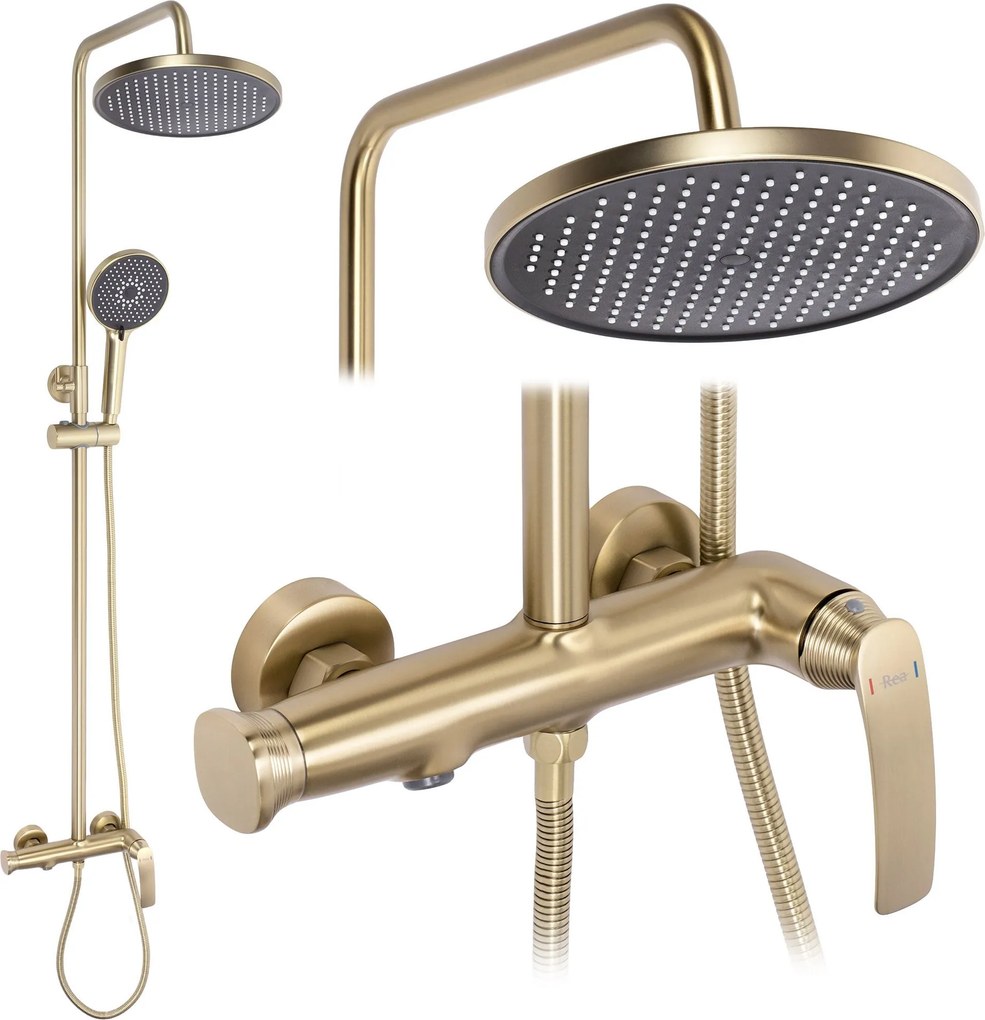 Rea Como M2, sprchový set s dažďovou sprchou a výtokom, zlatá matná, REA-P4795