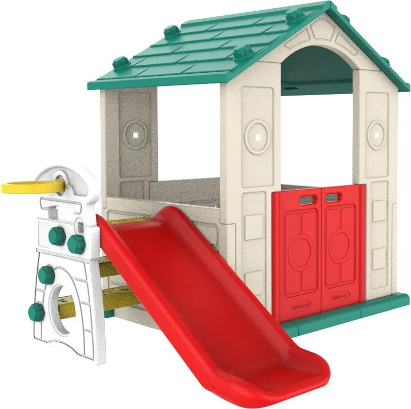 Ramiz Detský záhradný domček 3 v 1 Zelená strecha + šmýkačka + basketbalový kôš