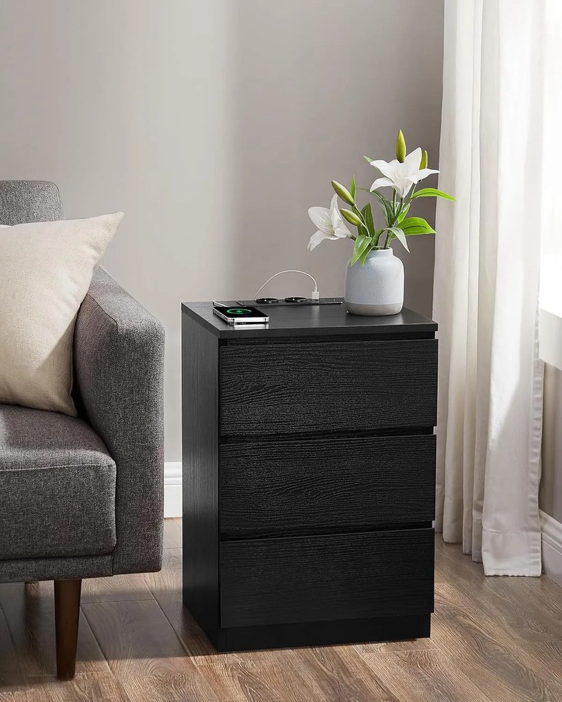 Sada 2 nočných stolíkov, 3 zásuvky, 2 AC zásuvky, 2 USB porty, čierne