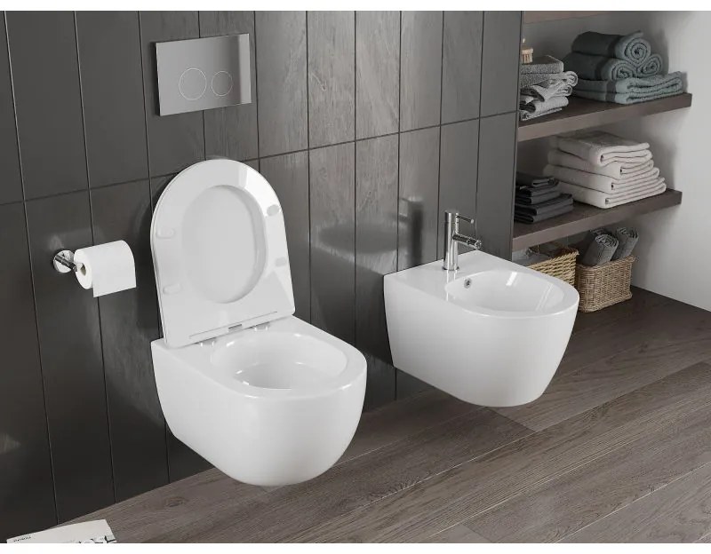 Mexen Carmen, závesná WC misa 490x365x340 mm, Rimless Tornádo + WC sedadlo z duroplastu, biela lesklá, 30880300T