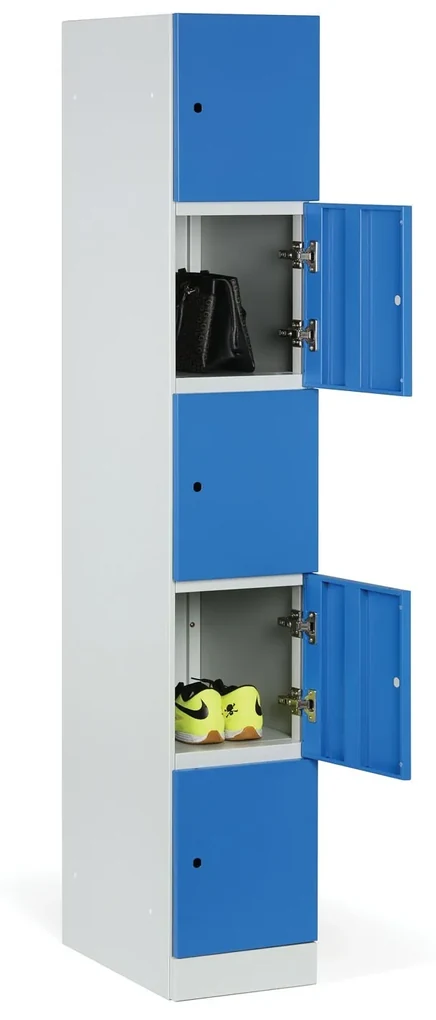 Šatníková skrinka s úložnými boxmi, 5 boxov, 1850 x 300 x 500 mm, kódový zámok, laminované dvere, breza
