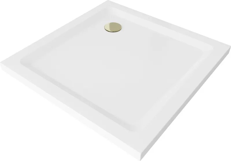 Mexen Flat štvorcový sprchovací kút slim 90 x 90 cm, biely, zlatý sifón - 40109090G