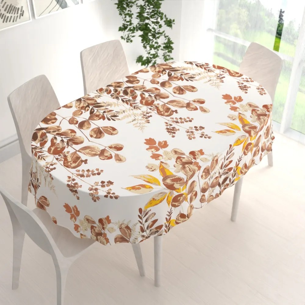Biante Bavlnený oválny obrus Sandra SA-530 Hnedý eukalyptus na bielom 50x100 cm