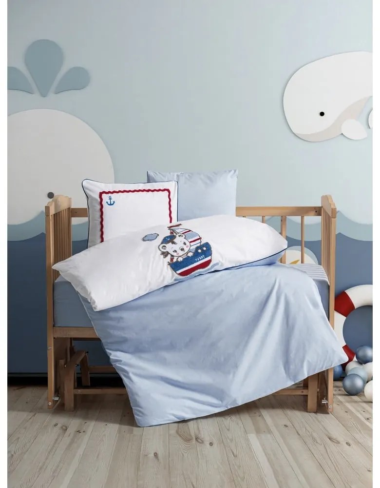 Biele/modré bavlnené detské obliečky do postieľky s plachtou/4-dielne 100x150 cm Miniyo – Mijolnir