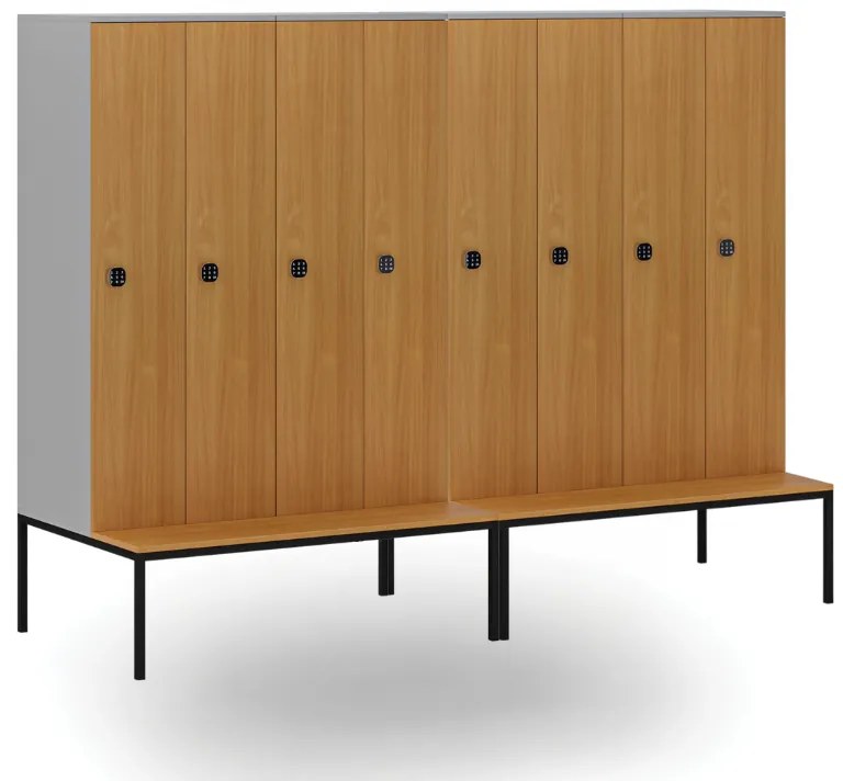 Drevená šatníková skrinka S4 s lavičkou, 4 oddiely, 1871 x 1200 x 500/800 mm, demont, kódový zámok, sivá/breza