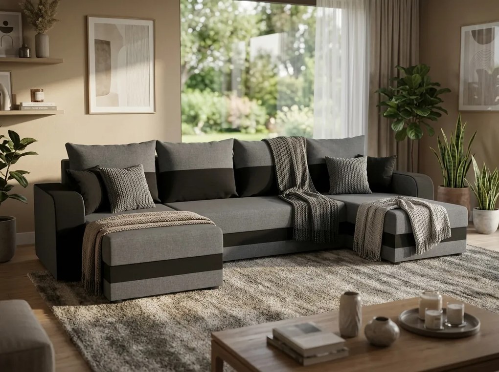 Rozkladacia sedacia súprava do U VALERIO 305x140 cm, tmavosivá/antracitová