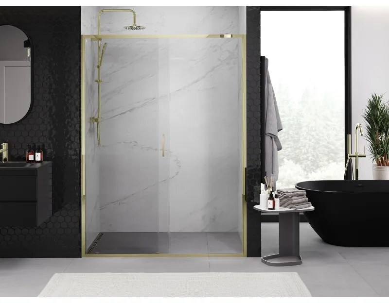 Mexen Exo, posuvné sprchové dvere 150 cm, číre sklo, zlatá, 8151-150-000-50-00
