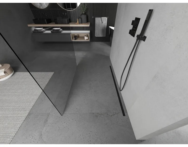 Mexen Kioto, priechodná sprchová zástena 140 x 200 cm, 8mm číre sklo, 2x čierna stabilizačná rozpera, 800-140-002-70-00