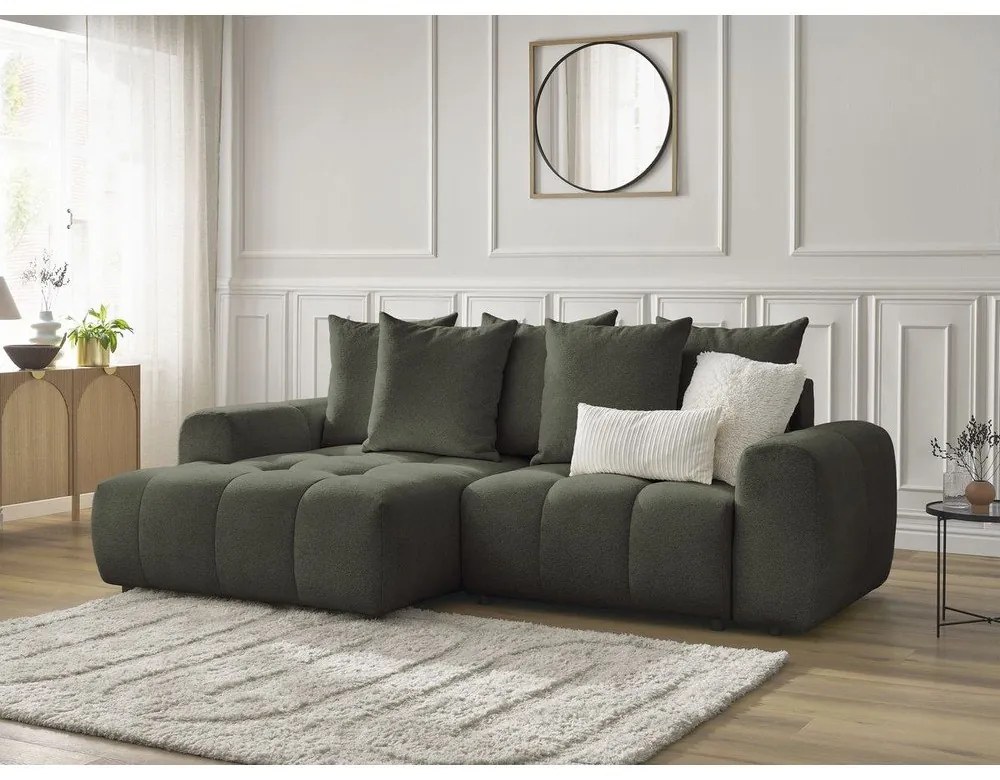 Kaki ženilková rozkladacia/s úložným priestorom rohová pohovka (ľavý roh/s leňoškou) Roxelane – Bobochic Paris