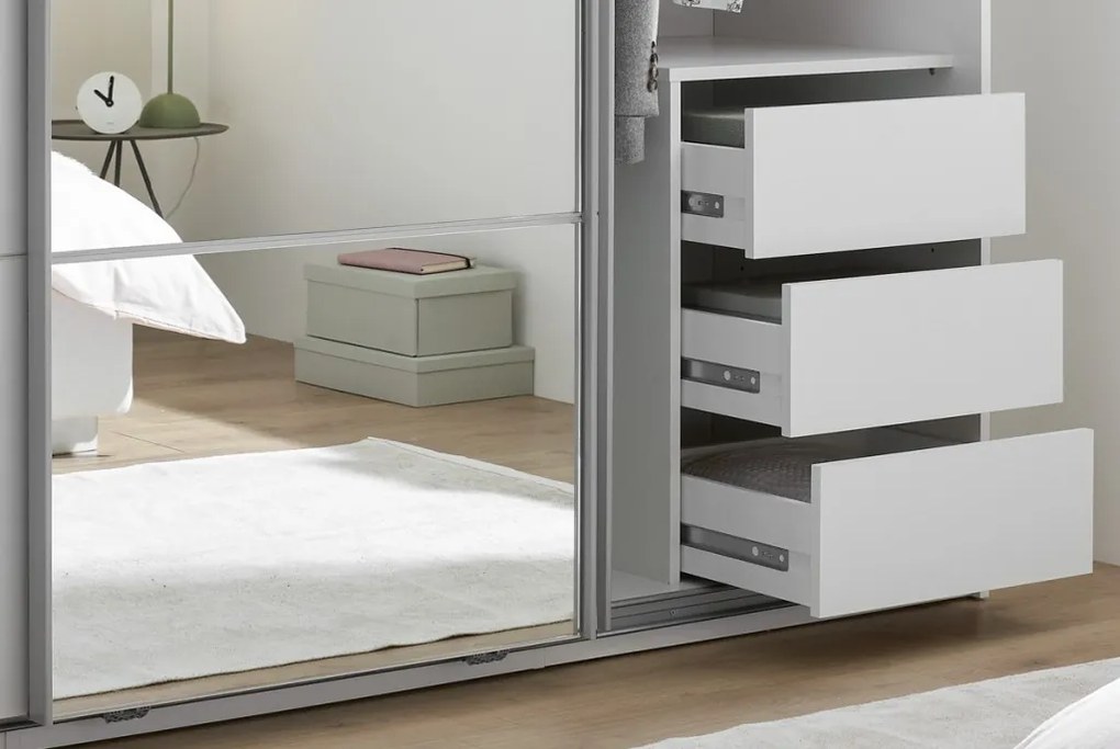 Šatníková skriňa so zrkadlom Carano, 215 cm, biela