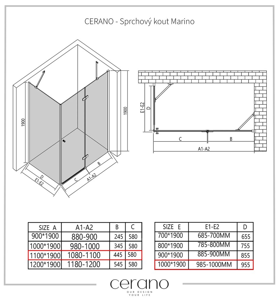 Cerano Marino, sprchovací kút 110(dvere) x 100(stena) x 190 cm, 6mm číre sklo, chrómový profil, CER-CER-422793