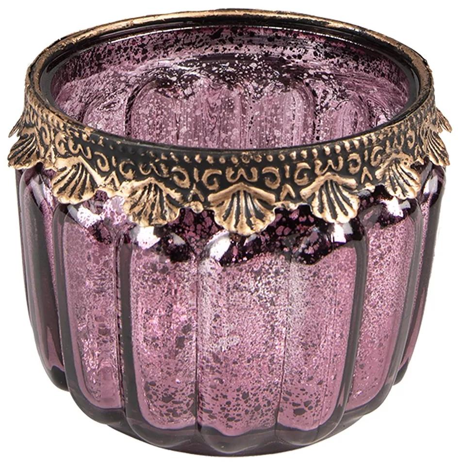 Fialový sklenený svietnik na čajovú sviečku s ozdobným okrajom - Ø10*8 cm
