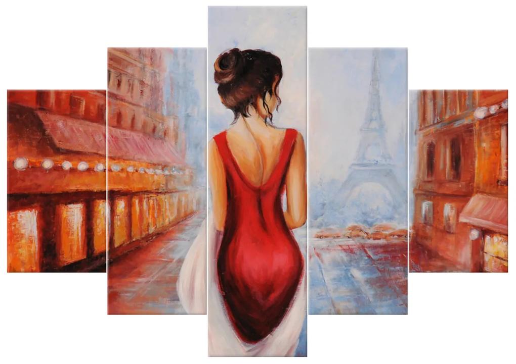 Gario Ručne maľovaný obraz Prechádzka pri Eiffelovej veži - 5 dielny Rozmery: 150 x 105 cm
