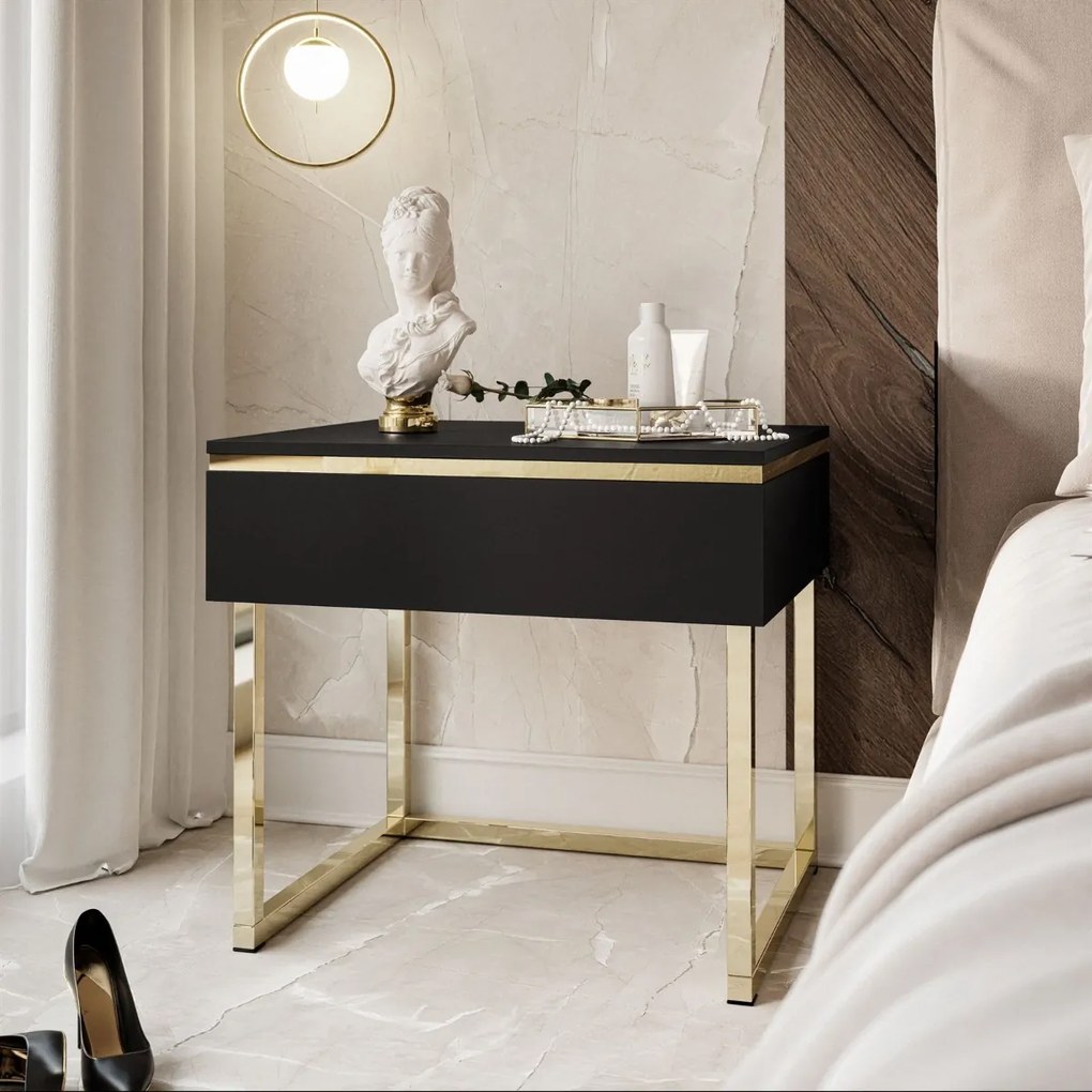 NOČNÝ STOLÍK NESSIE ČIERNY MATNÝ + ZLATÝ PODSTAVEC