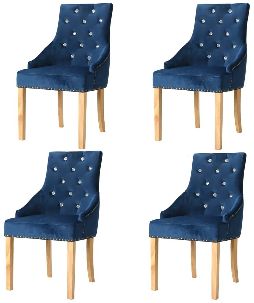 vidaXL Jedálenské stoličky 4 ks, modré, dubový masív a zamat