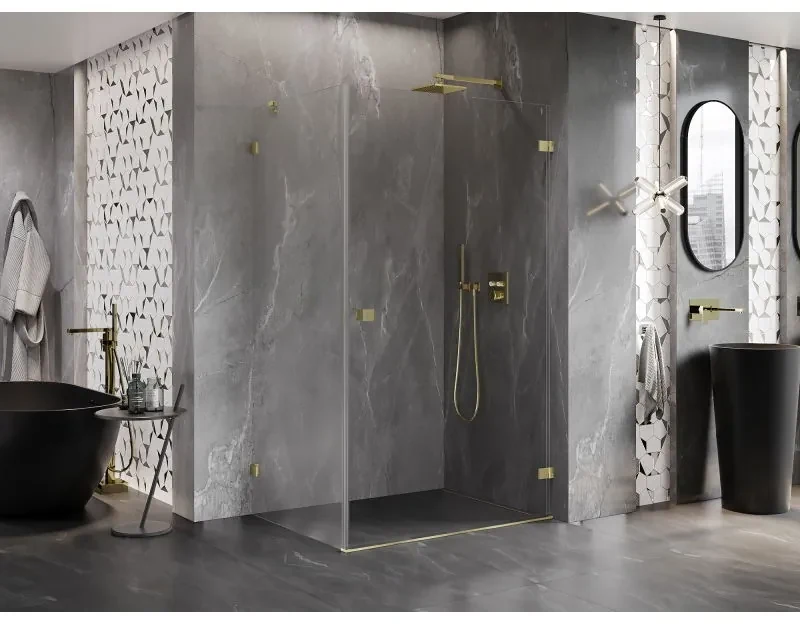 Mexen Lunar-B, pravostranný výklopný sprchový kút 90 x 80 cm, 8mm číre sklo, zlatý kartáčovaný - 832-090-080-55-00-P