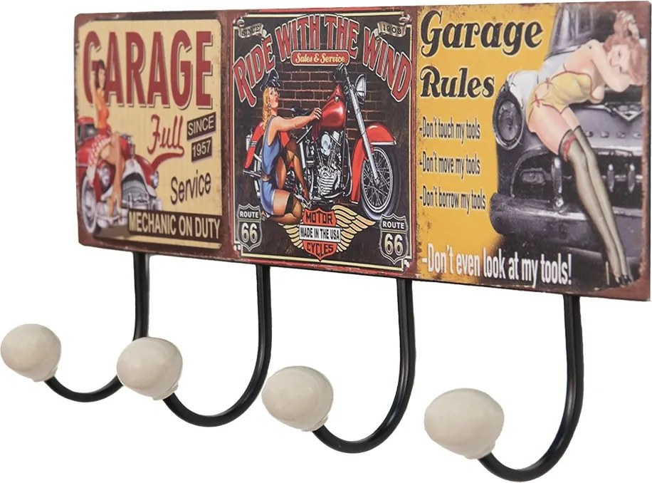 Nástenný kovový vešiak so 4-mi háčikmi Garage - 40*7*18 cm