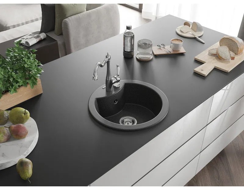 Mexen Diego, granitový drez 488x488x167 mm, 1-komorový a drezová batéria Carla, čierna škvrnitá, 6512-76-670700-00