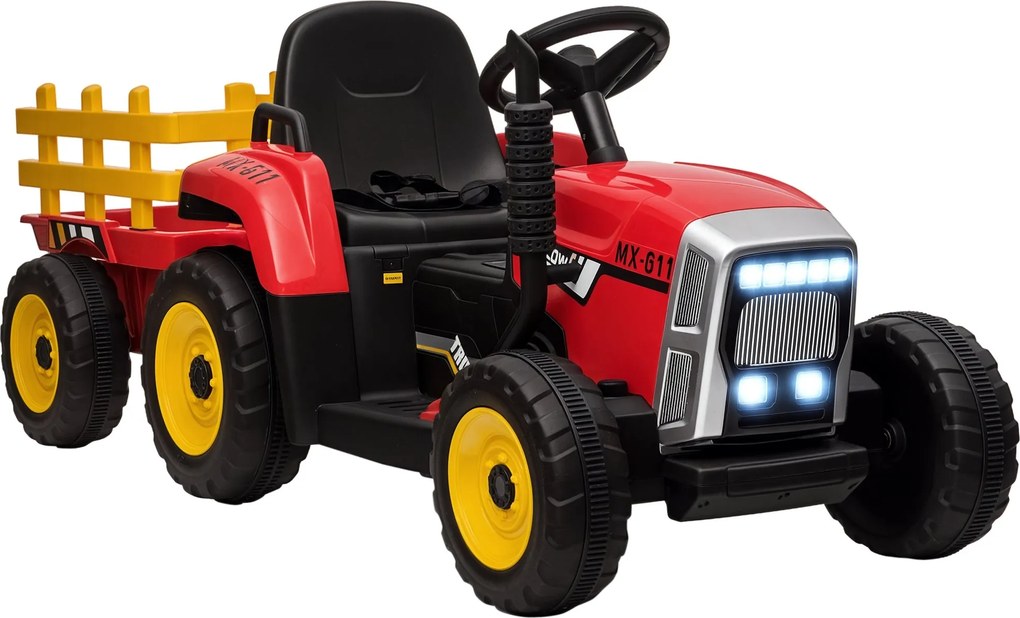 HOMCOM Elektrický traktor s prívesom, detský traktor na jazdenie s diaľkovým ovládaním, elektrické auto s MP3 funkciou, detské vozidlo s prednými svet