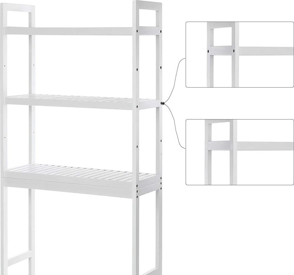 Nastaviteľná bambusová polica do kúpeľne, 63 x 26 x 163 cm, biela