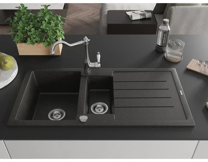 Mexen Andres, granitový drez 1000x500x200 mm, 1,5-komorový a drezová batéria Carla, čierna-zlatá metalíza, 6515-75-670700-00