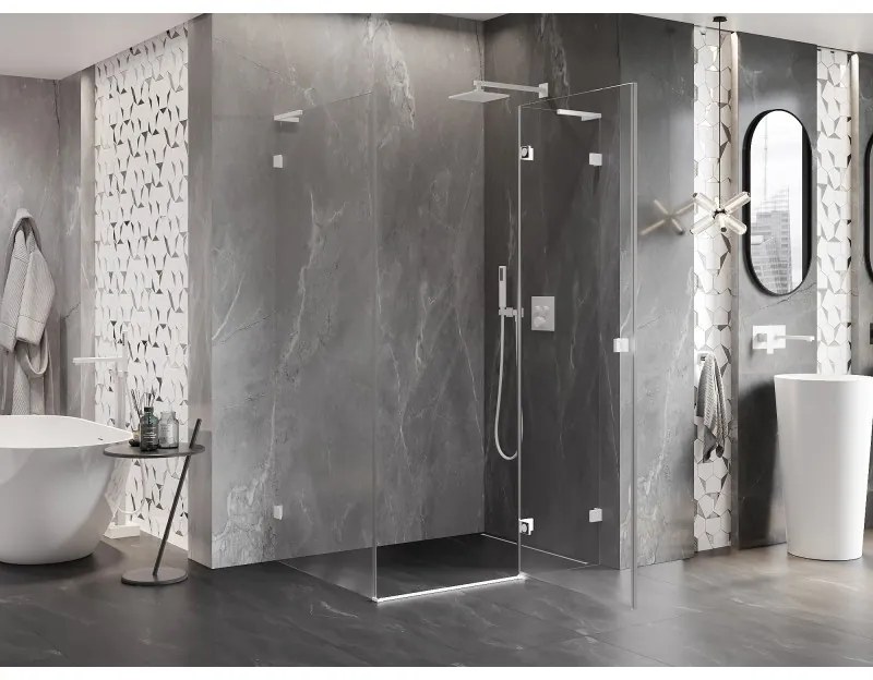 Mexen Lunar, L pravý výklopný sprchový kút 100 x 80 cm, 8mm číre sklo, biely profil, 834L-100-080-20-00-P