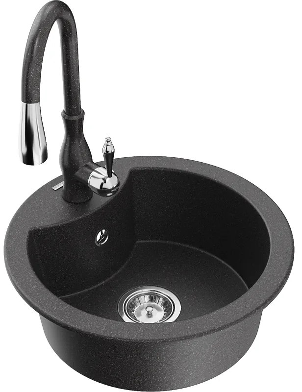 Mexen Diego, 1-komorový granitový drez 488x488x167 mm a drezová batéria Savita, čierna škvrtnitá, 6512-76-672601-76