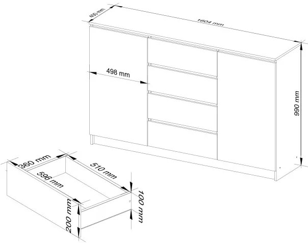 Komoda K160 2D 4SZ CLP metalická, lesk