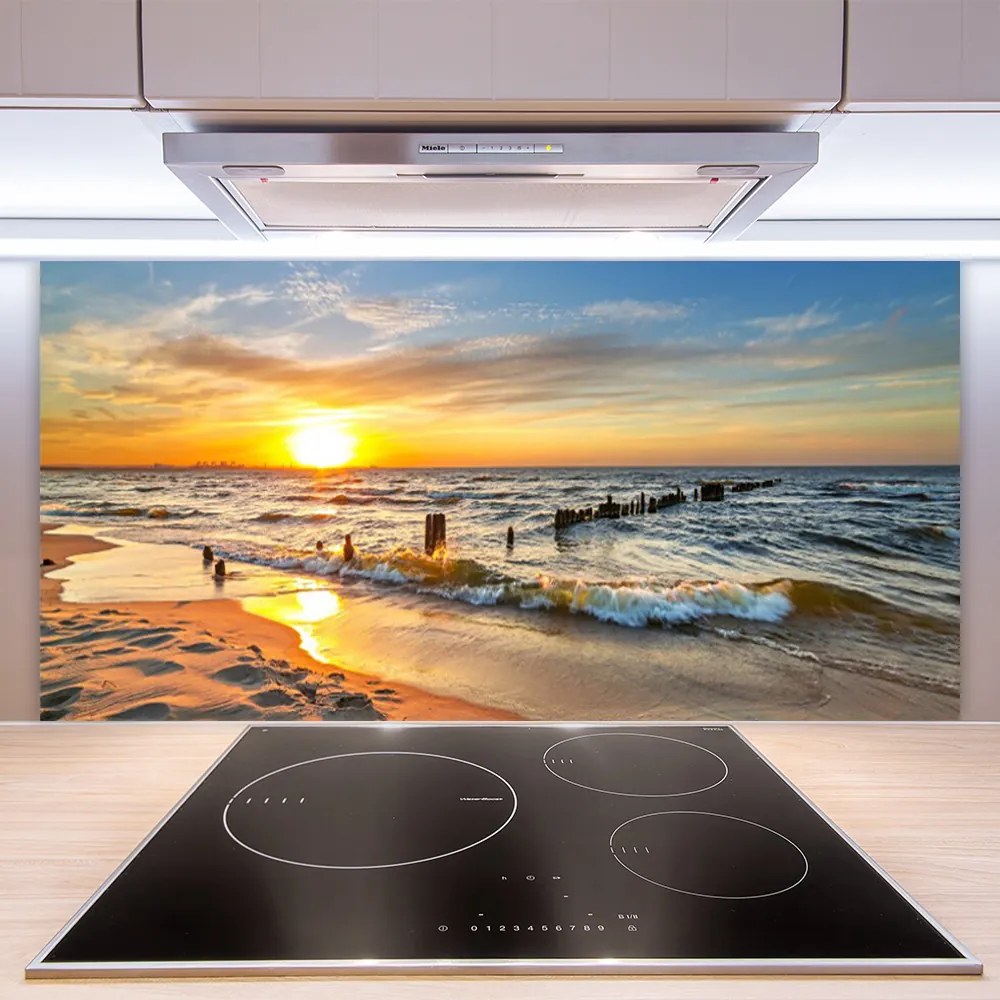 Sklenený obklad Do kuchyne More západ slnka pláž 120x60 cm