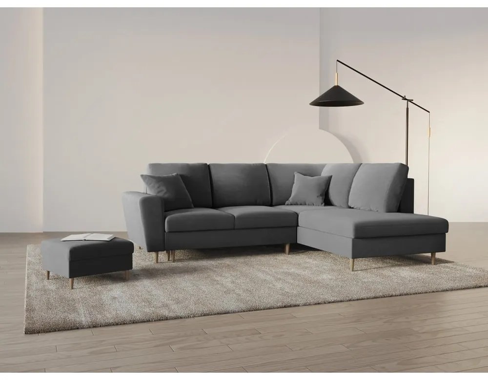 Svetlosivá zamatová rozkladacia/s úložným priestorom rohová pohovka (pravý roh/do L) Kyoto – Cosmopolitan Design