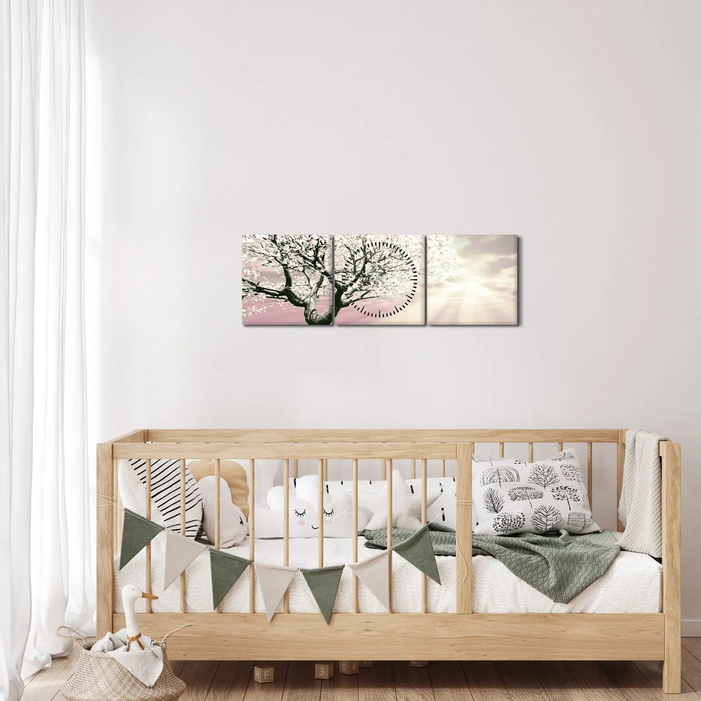 Ružový obraz stromu (s hodinami) (90x30 cm)