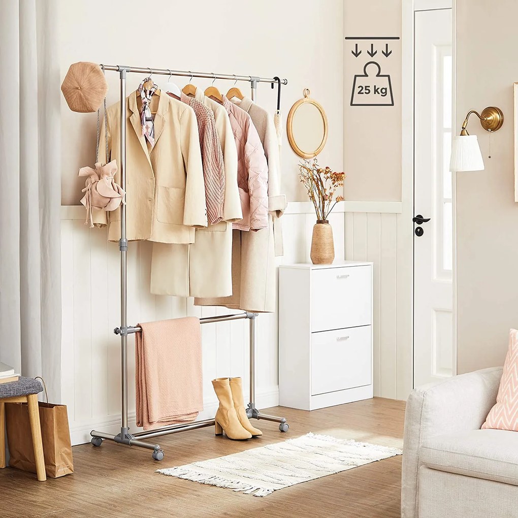 Výškovo nastaviteľný stojan na oblečenie, strieborná a sivá farba