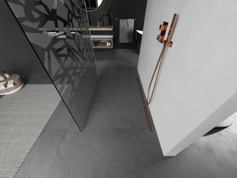 Mexen Kioto, sprchová zástena Walk-In 130 x 200 cm, 8mm číre sklo biely vzor, medený matný profil, 800-130-002-65-85