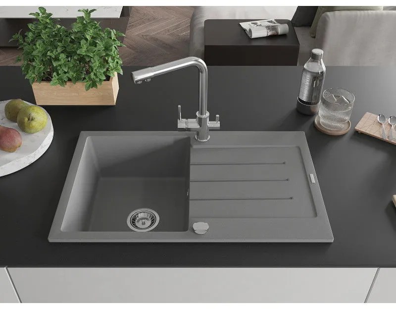 Mexen Bruno, 1-komorový granitový drez s odkvapkávačom 795x495x200 mm a chrómová batéria Duero, šedá, 6513-71-671600-00