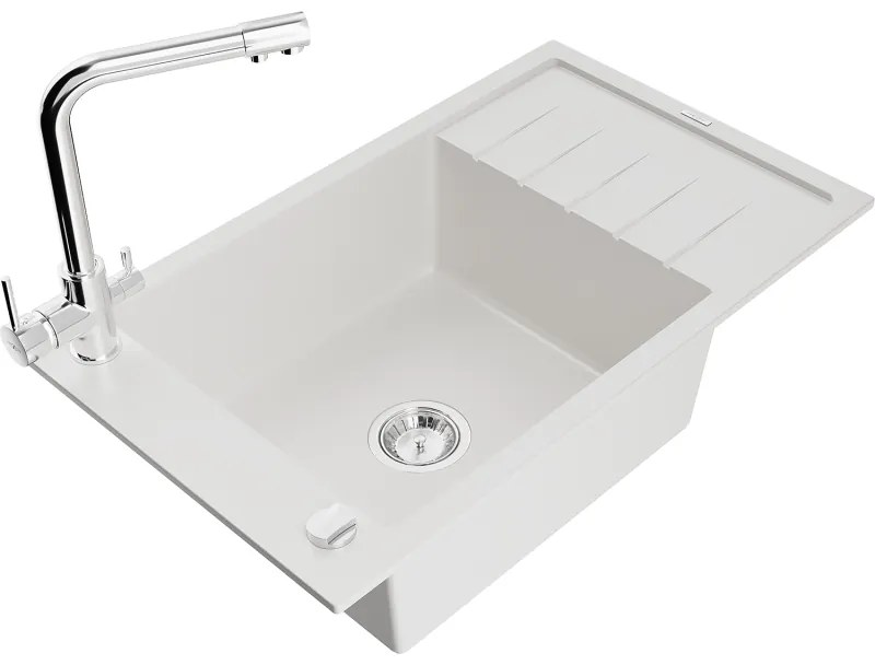 Mexen Elias, 1-komorový granitový drez s odkvapkávačom 795x480x200 mm a chrómová batéria Duero, biela, 6511-20-671600-00