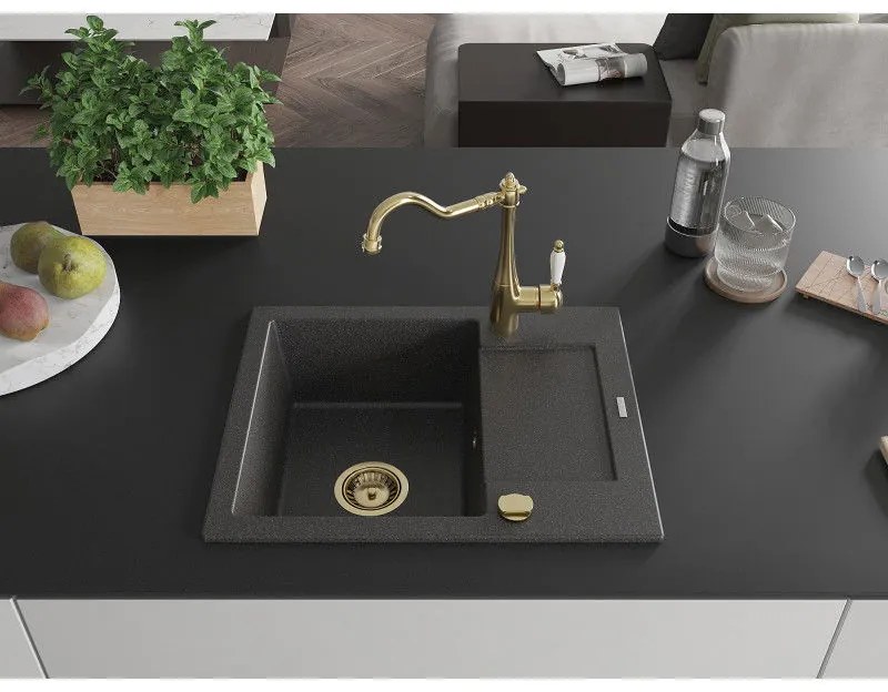 Mexen Enzo, 1-komorový granitový drez 576x465x174 mm a drezová batéria Carla, čierna škvrnitá, 6506-76-670700-50