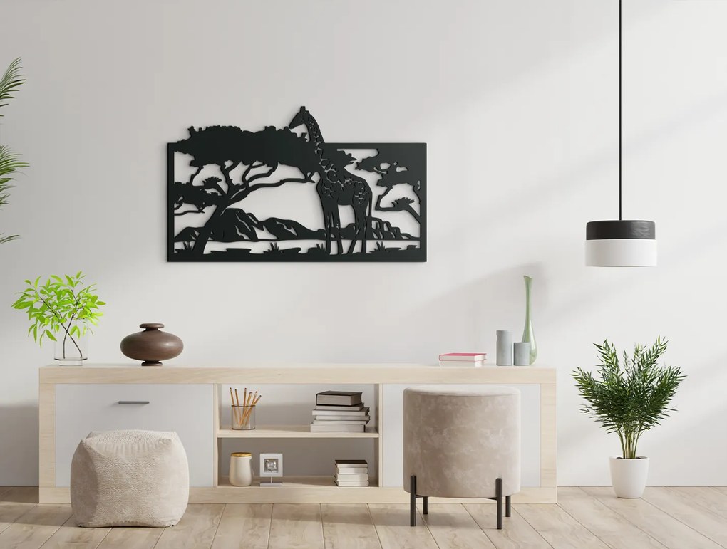 drevko Drevený obraz na stenu Žirafa v savane Rozmer obrazu: 27 x 44,5 cm, Farba dekorácie: Čierna