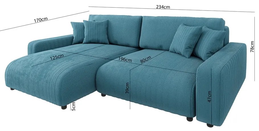 Tyrkysovomodrá menčestrová rozkladacia rohová pohovka Sara – Ropez