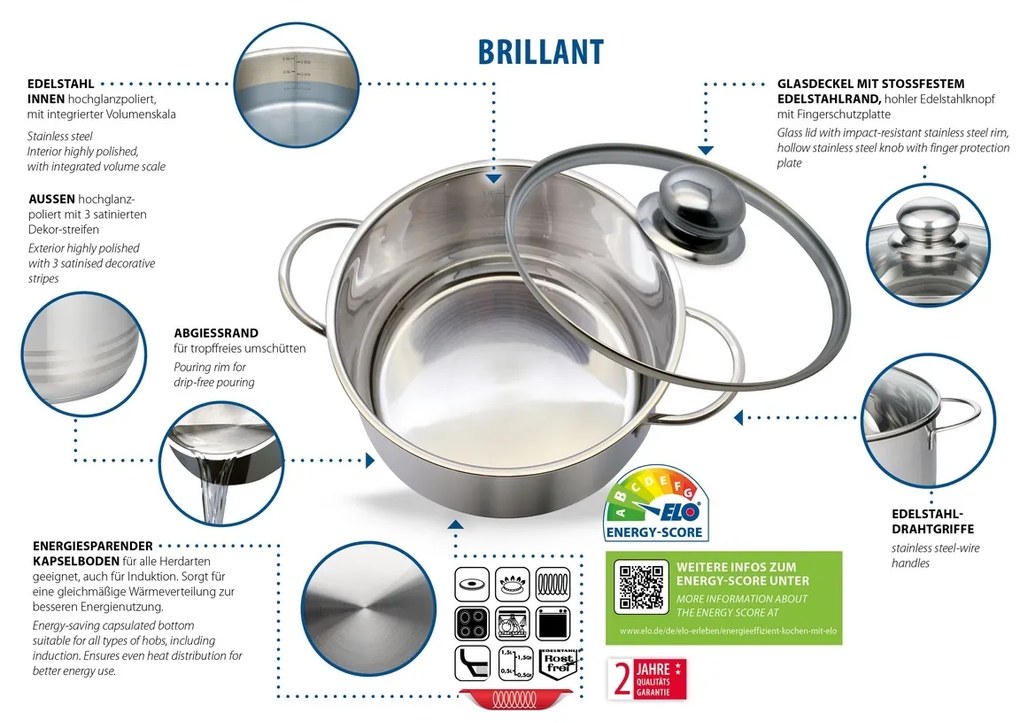 Elo 22120 Basic Nerezový hrniec Brillant 20 cm,2,6 l, 2,6 l